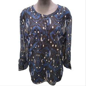 NWT DKNY SHEER TRIBAL PRINT BLOUSE W/ METALIC STRIPES SZ.L